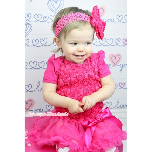 Valentine's Day Hot Pink Romantic Rose Baby Bodysuit Pettiskirt & Hot Pink Rose Bow & Hot Pink Headband Hot Pink Roes Bow JS2453 